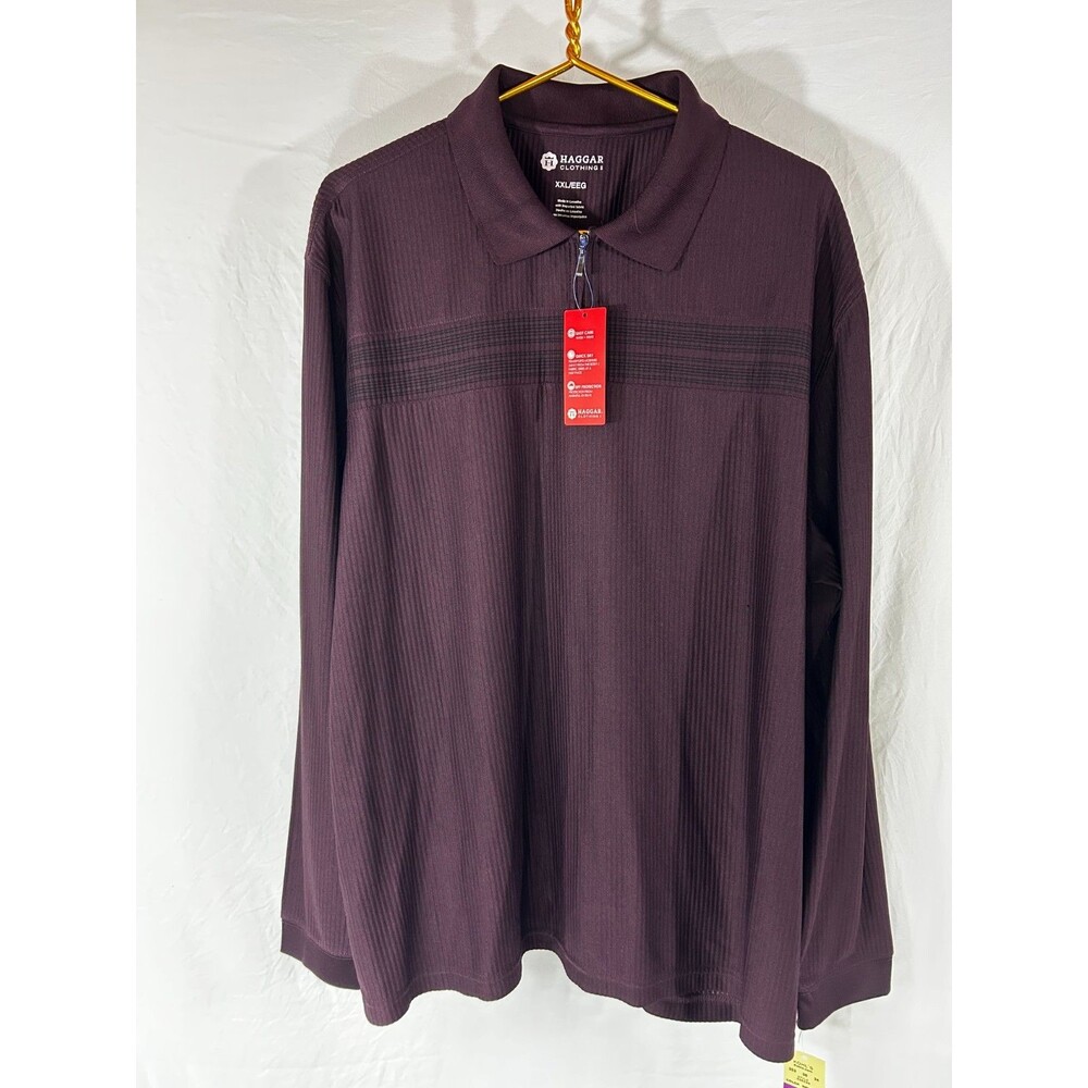 NEW Haggar Performance Men's 2XL Polo Shirt Maroon Long Sleeve Easy Care UPF NWT